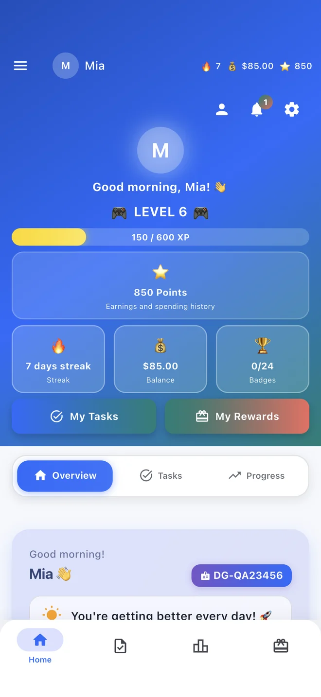 DigiDix child dashboard showing today's progress, tasks, points, and daily goals