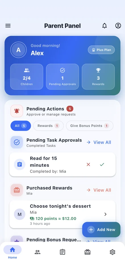 DigiDix parent dashboard with family overview and tasks awaiting review